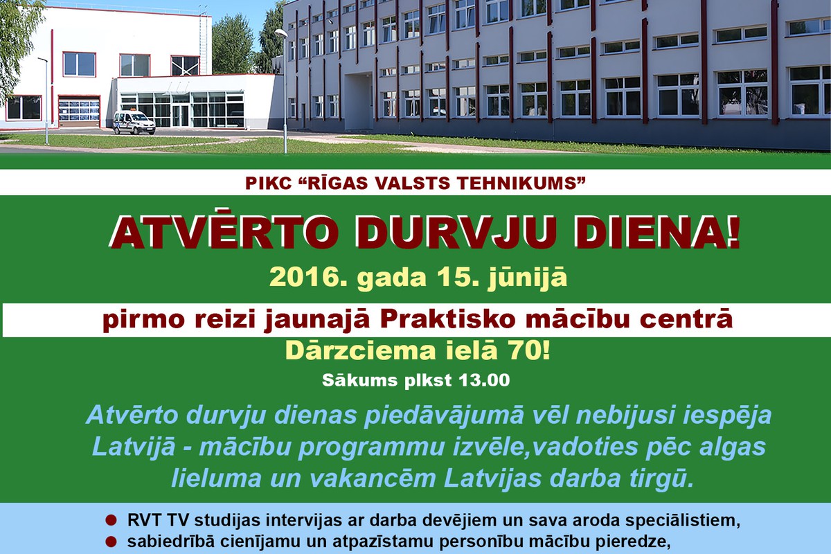 Atvērto durvju diena Rīgas Valsts tehnikuma jaunajā Praktisko mācību centrā 